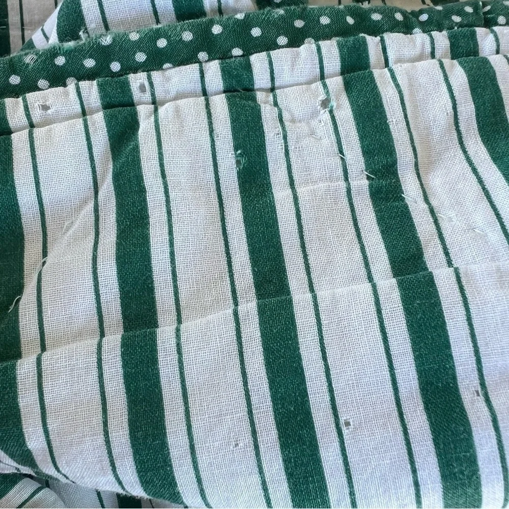 VTG Garden Block Quilt Floral Striped Reversible Hand Sewn Pink Green 82x84 FLAW